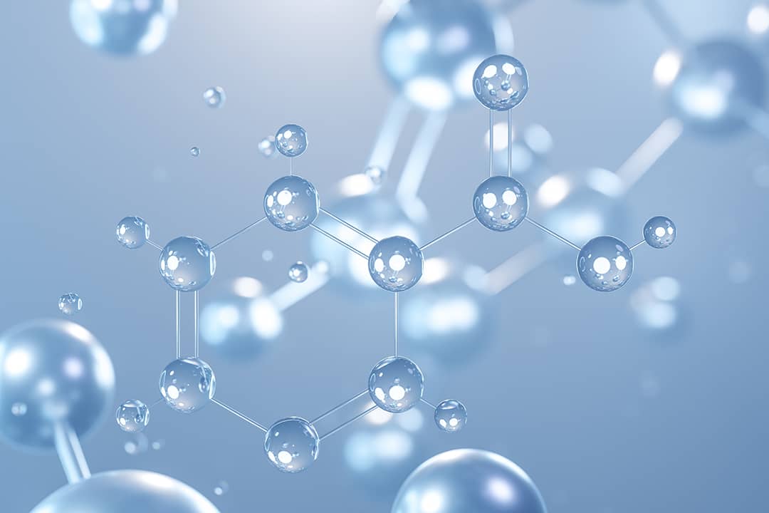 A 3D graphic of a niacin molecular structure or nicotinic acid seen from a microscope view.
